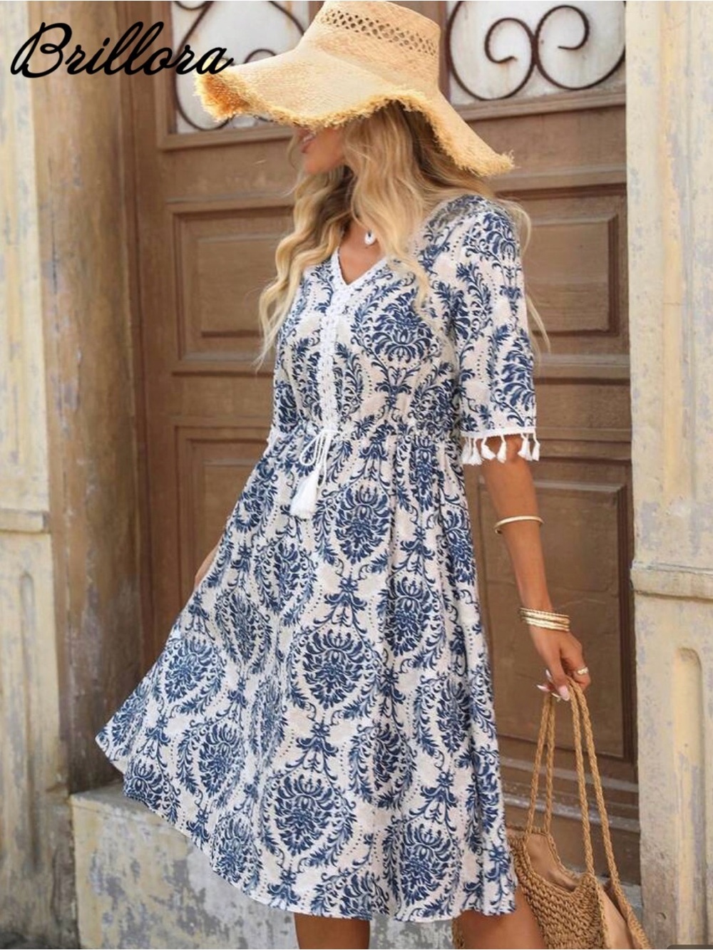 Blue & White Printed V-Neck Midi Dress